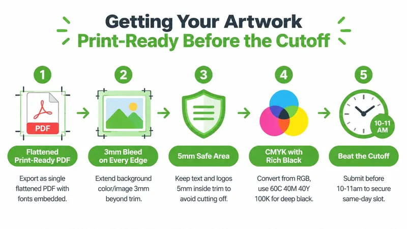 A five-step infographic guide showing how to prepare artwork files for print-ready professional flyer production.