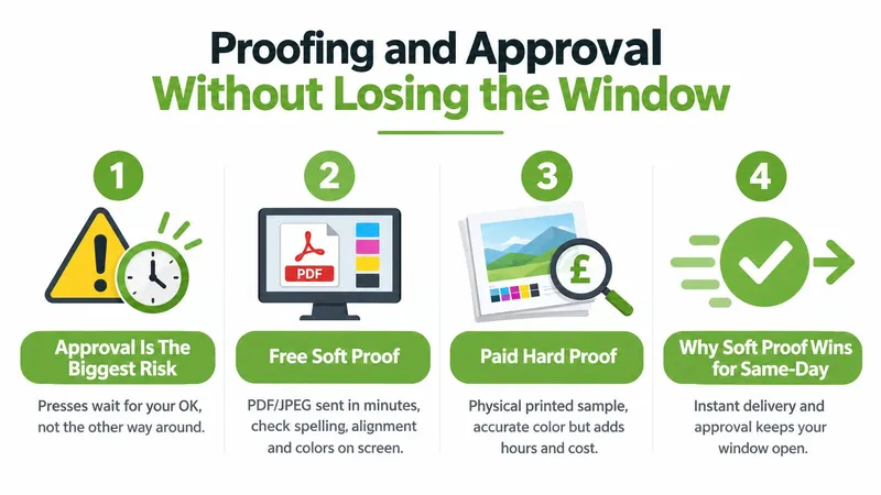 A four-step infographic explaining how soft proofing speeds up the print approval process for fast production.