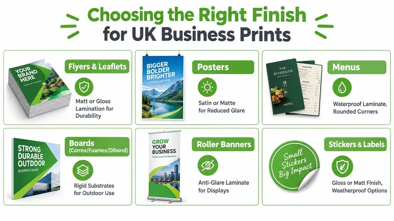 An infographic showing various print finishes for UK business marketing materials like flyers, posters, menus, and banners.