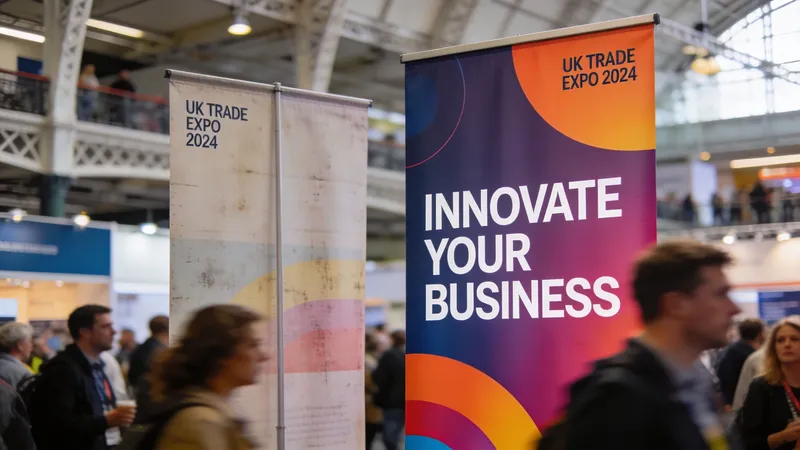Pull up banners at the UK Trade Expo 2024 with the slogan Innovate Your Business in a busy venue.