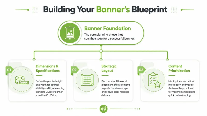 An infographic titled Building Your Banner's Blueprint, outlining steps for successful roller banner design and planning.