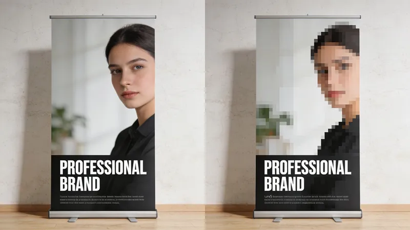 Two side-by-side vertical pull up banners showing a professional brand design with a woman's portrait.