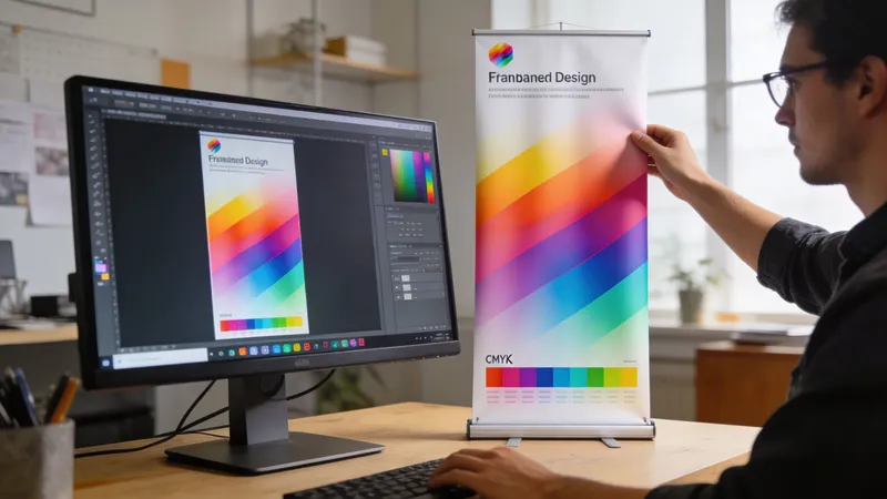 A graphic designer working on a pull-up banner design project on their computer at a desk.