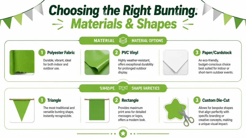 A guide illustrating different material options and shape varieties available for custom printed promotional bunting.