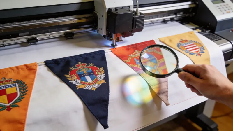 A hand holds a magnifying glass over colorful bunting flags being cut by a high-tech printing machine.