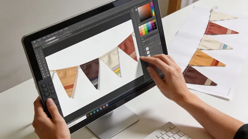 A graphic designer editing digital bunting flag designs on a high resolution computer monitor in a workspace.