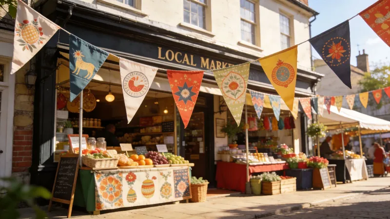 A quaint local market shop decorated with colorful hanging bunting on a sunny day in a town.