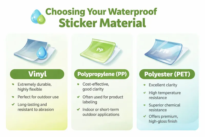 An infographic comparing three types of waterproof sticker materials: Vinyl, Polypropylene, and Polyester, listing their key features.