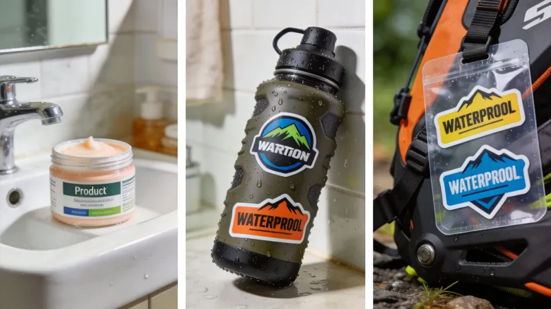 Three panels showing waterproof stickers applied to a product jar, a water bottle, and a backpack pouch.