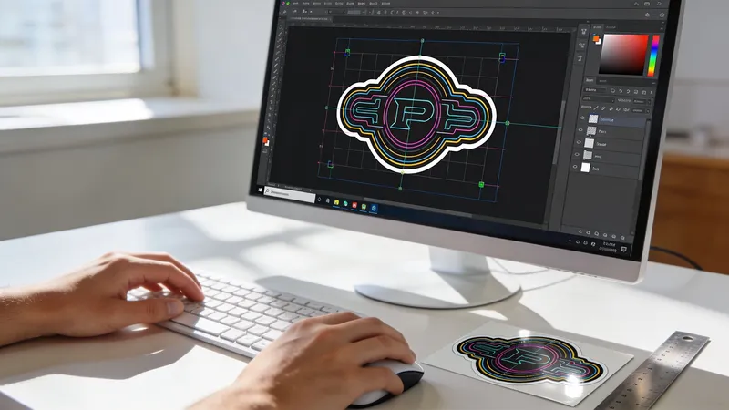 A graphic designer works on a custom logo design for waterproof sticker printing on a computer screen.