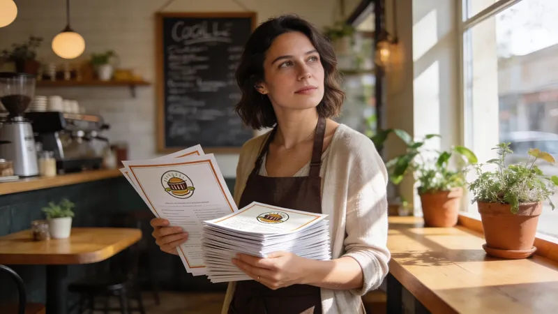 A friendly cafe barista standing in a coffee shop while holding a stack of marketing flyers.