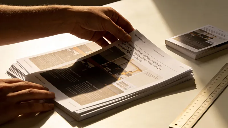A person holding a stack of printed flyers, reviewing the layout design on a desk.