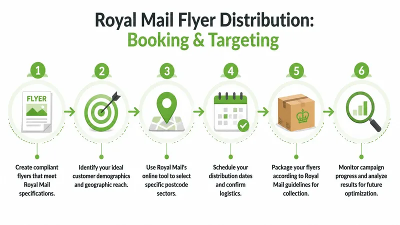 A six-step infographic explaining the process for booking and targeting Royal Mail flyer distribution campaigns.