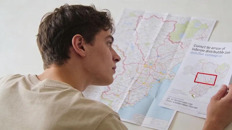 A young man carefully examines a map and a flyer to coordinate Royal Mail flyer distribution efforts.