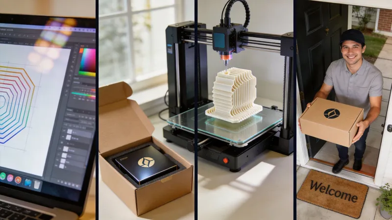 A composite image showing the process of design, 3D printing, packaging, and home delivery of products.