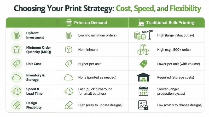 A comparison chart highlighting the differences between print on demand and traditional bulk printing business models.