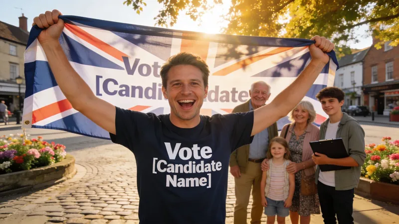 A man smiling and holding a British flag with a Vote Candidate sign in a public square.