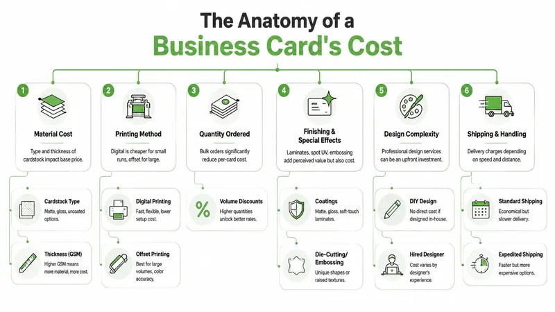 An infographic titled The Anatomy of a Business Card's Cost detailing six key pricing factors.