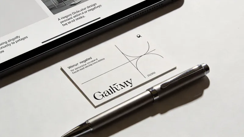 A professional business card with abstract geometric lines and the name Gahlmy resting next to a pen.