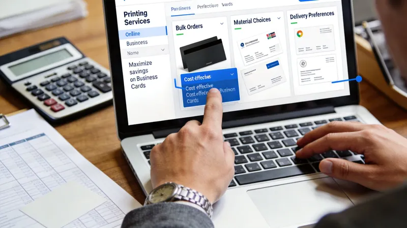 A person selecting cost-effective business card options on a laptop screen for printing services.