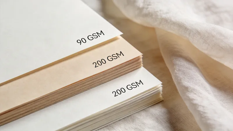 A close-up of three stacked paper samples featuring 90 GSM and 200 GSM texture labels