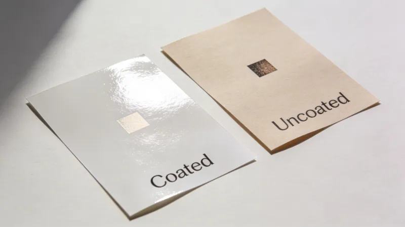 A side-by-side comparison of two rectangular paper samples, one labeled Coated with a glossy finish and one labeled Uncoated.