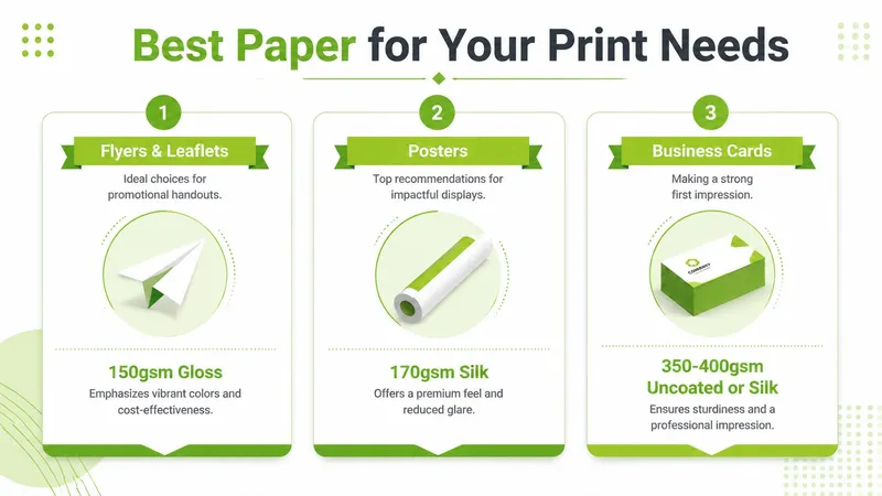 An infographic showing three types of paper recommended for flyers, posters, and business card printing needs.