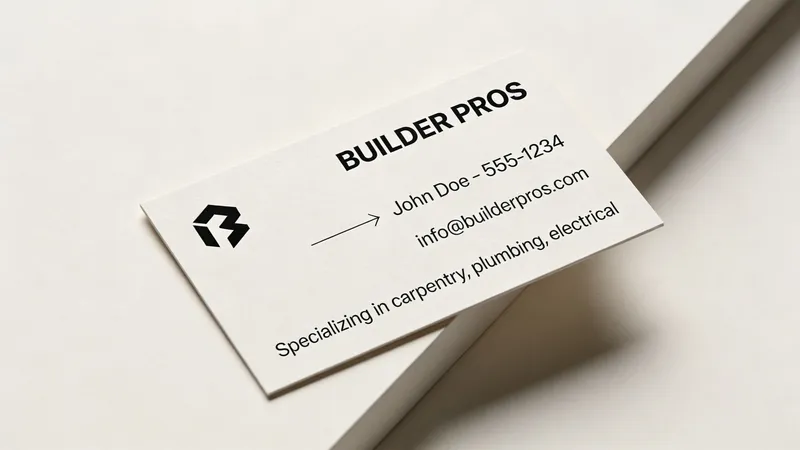 A minimalist white business card for Builder Pros featuring carpentry, plumbing, and electrical services.