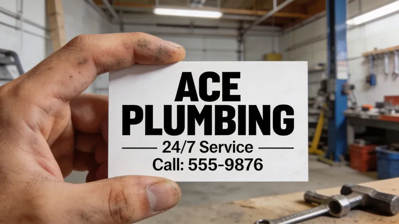 A close-up view of a person's dirty hand holding a white Ace Plumbing business card.