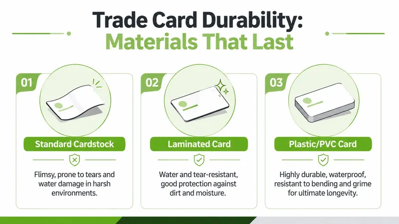A comparison infographic showing the durability of standard cardstock, laminated cards, and plastic PVC cards.