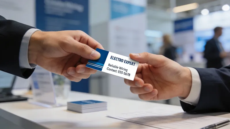 A close-up view of two hands exchanging a business card for a company called Electro Expert.