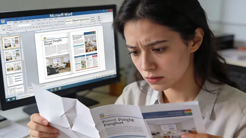 A woman looks concerned while comparing a crumpled printed pamphlet to the digital document on her computer.