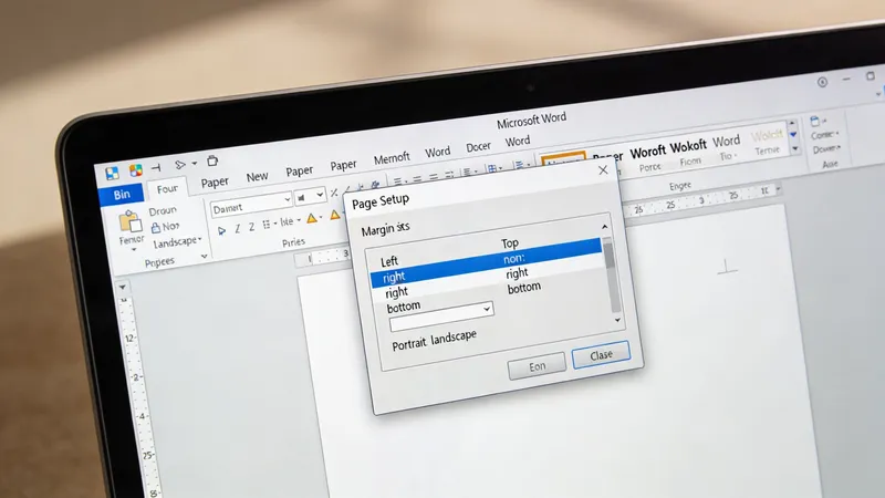 A close-up view of a laptop screen displaying Microsoft Word with the Page Setup dialog box open.