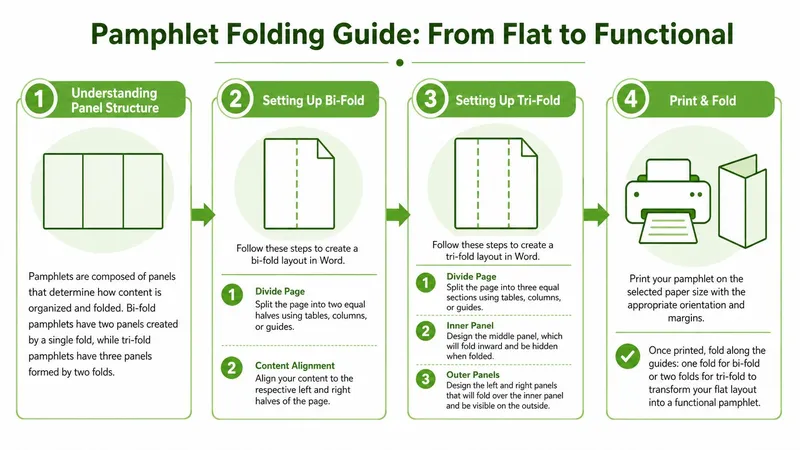 A four-step infographic guide explaining how to design and fold bi-fold and tri-fold pamphlets in Microsoft Word.