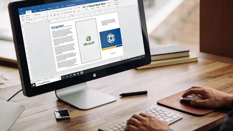 A person working on a Microsoft Word pamphlet design on a desktop computer at a wooden desk.