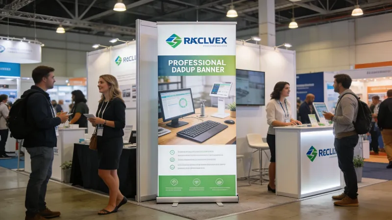 A professional tradeshow exhibit featuring a branded pop up banner and staff interacting with booth visitors.