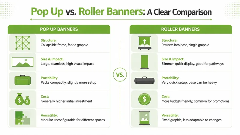 A comparison chart outlining the key differences between pop up banners and roller banners for displays.