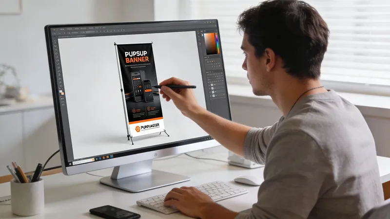 A graphic designer working on a professional pop up banner design on a large computer monitor.