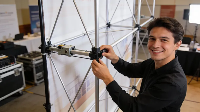 A smiling young man in a black shirt assembling a portable pop-up banner frame at a trade show.