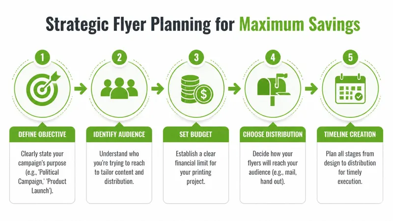 A five-step infographic titled Strategic Flyer Planning for Maximum Savings showing the process from objective to timeline.