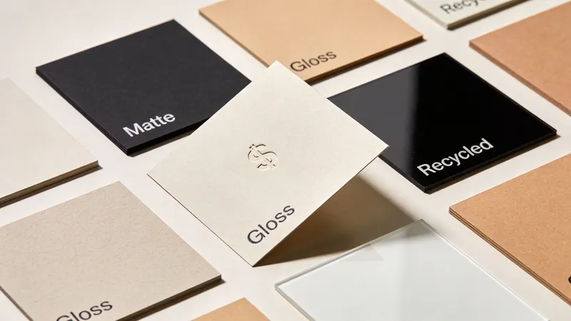 Various paper and cardstock samples displayed on a table for discount flyer printing options.