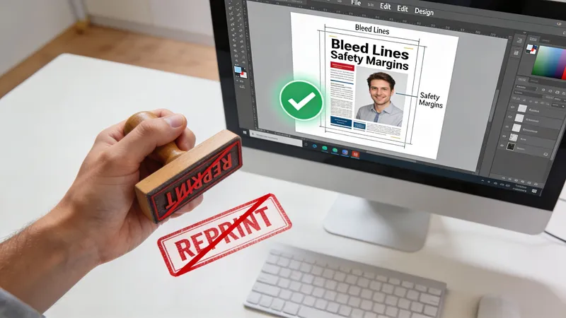 A hand holding a wooden stamp over a computer monitor displaying a graphic design with bleed lines.