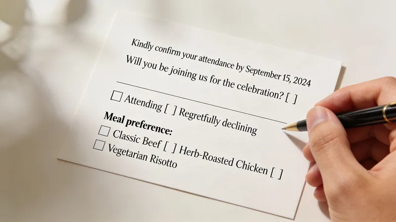 A person holding a pen over a printed wedding RSVP response card on white paper.