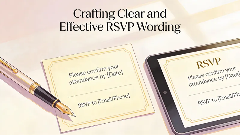 A fountain pen beside an invitation card and a tablet screen illustrating clear RSVP request phrasing.