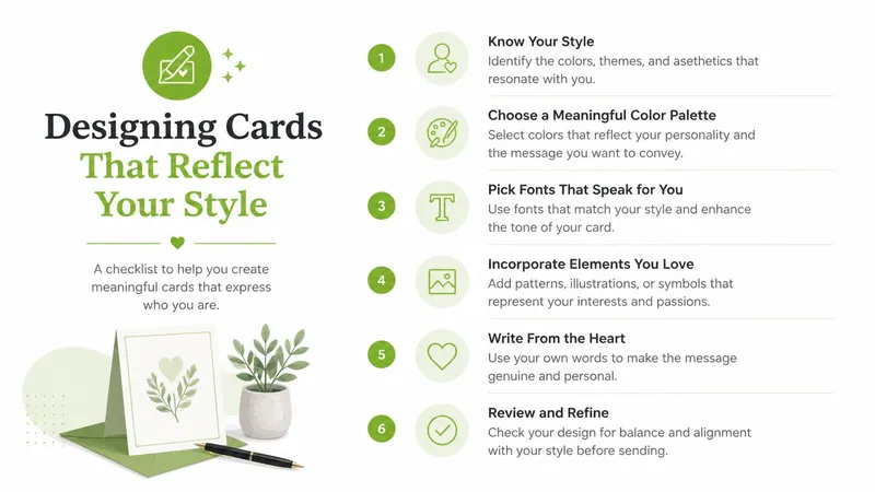 A six-step infographic on designing personal cards that reflect your unique style and personality.