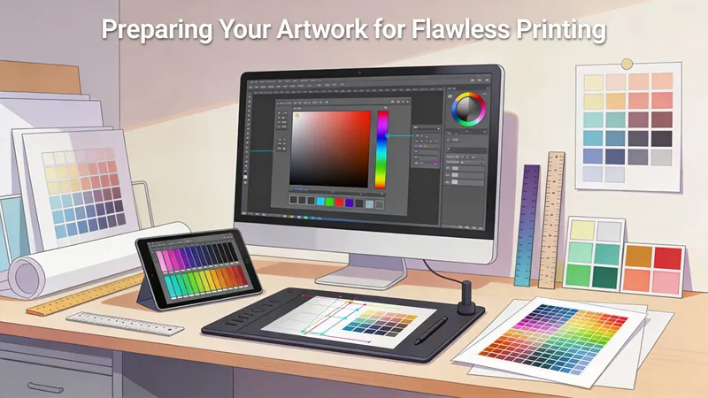 A professional digital artist workspace with a computer monitor, graphics tablet, and colorful print design charts.