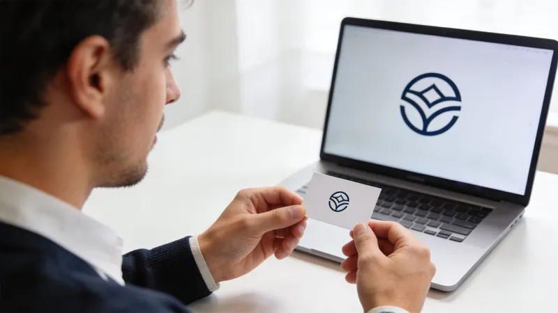 A professional man holding a business card with a logo, sitting in front of a laptop computer.