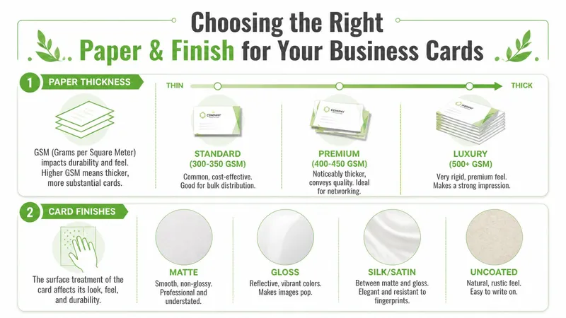 A guide explaining different paper thicknesses and finishes for professional custom business card printing options.