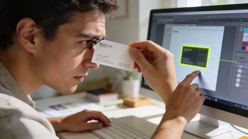 A focused graphic designer compares a physical business card design to his digital file on screen.
