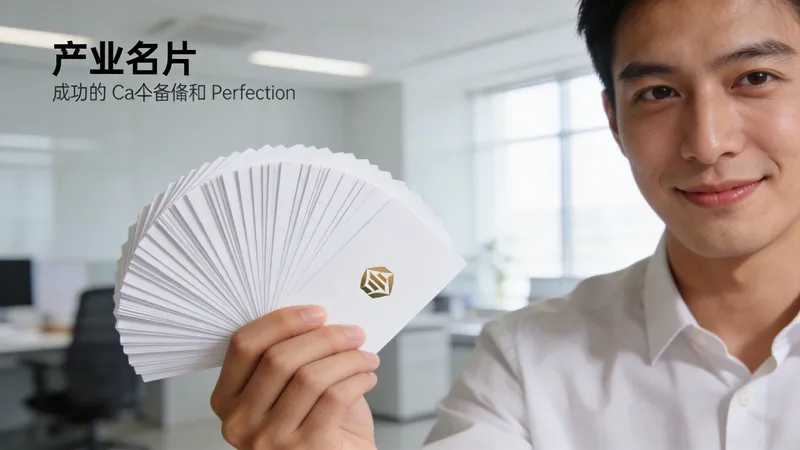 A smiling young professional holding a fan of blank white business cards with a gold logo in an office.